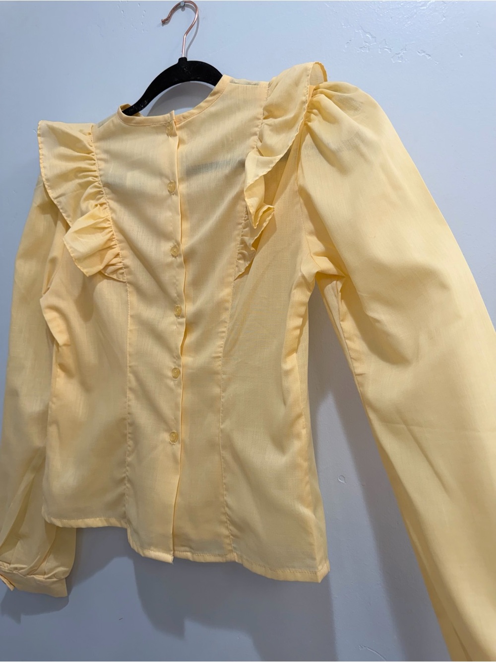 Vintage 70s You Babes Pastel Yellow Ruffle Tuxedo Pleat Blouse Back Button Sz S - Picture 13 of 16
